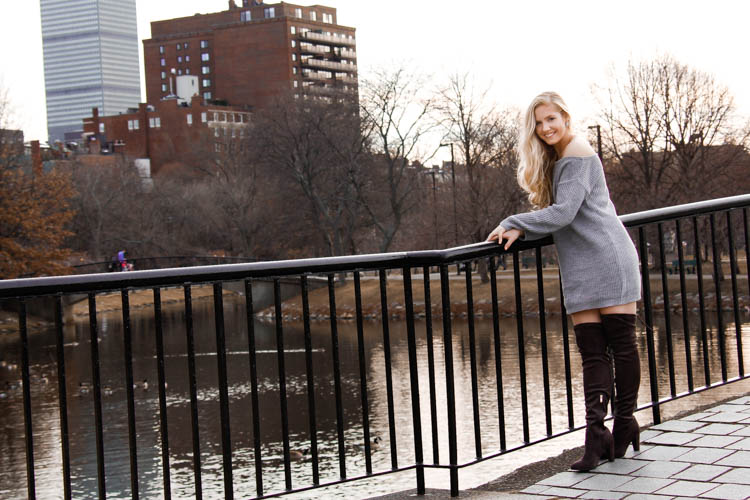 fall style: off shoulder sweater dress + over the knee boots