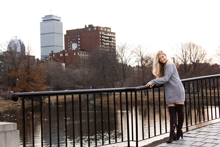 fall style: off shoulder sweater dress + over the knee boots