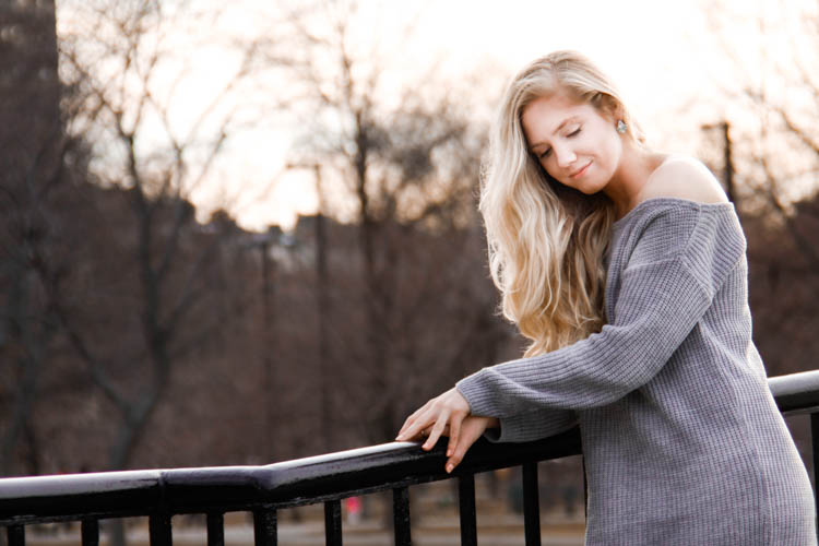 fall style: off shoulder sweater dress + over the knee boots