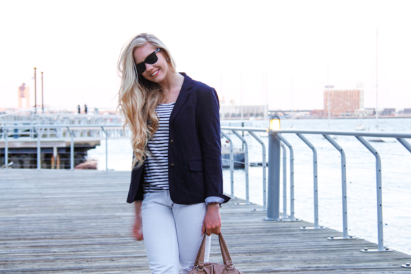 navy and white outfit in Boston