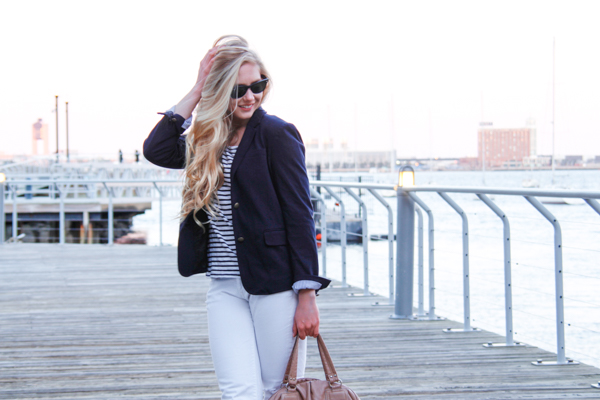 navy and white outfit in Boston