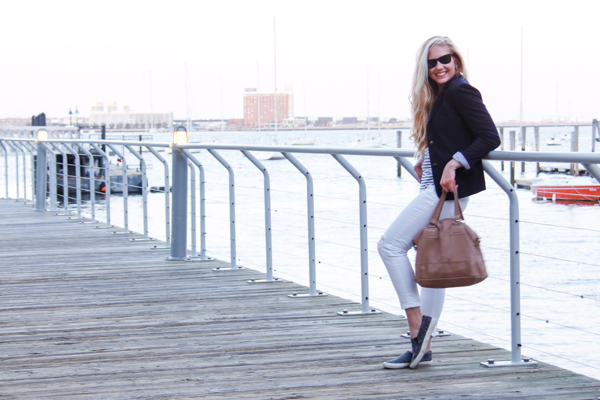 navy and white outfit in Boston