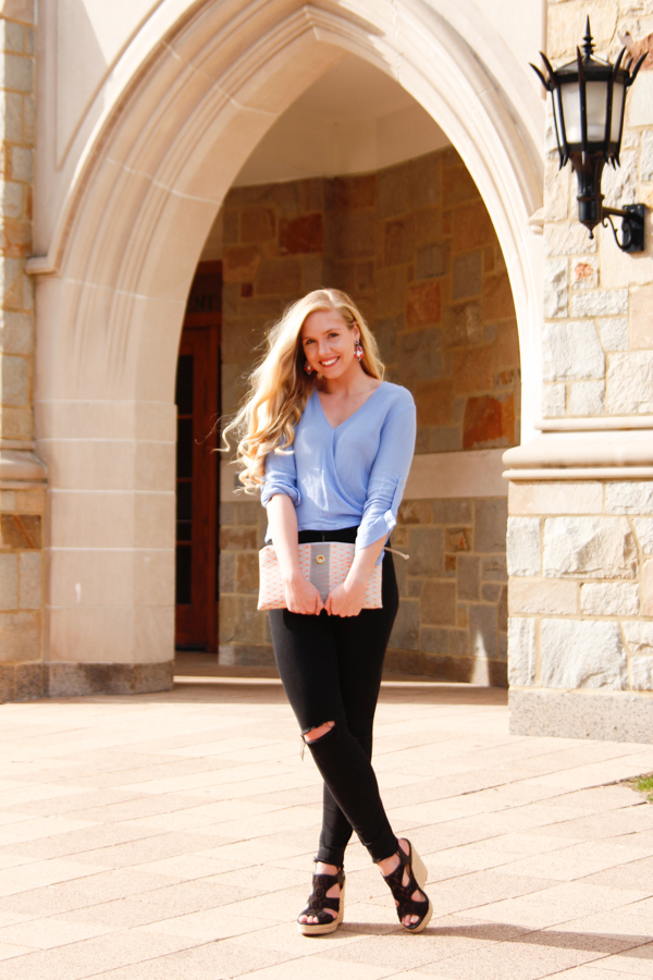 black and blue spring outfit in Boston