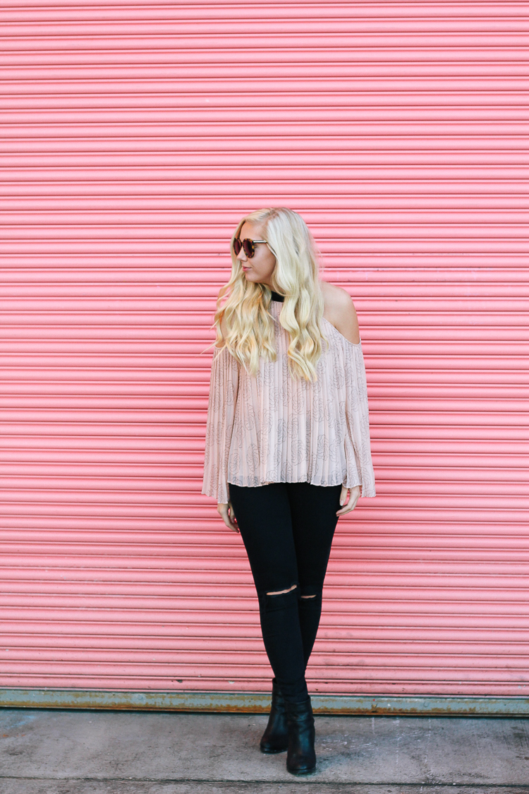 blush, cold shoulder top with bell sleeves is perfect for spring