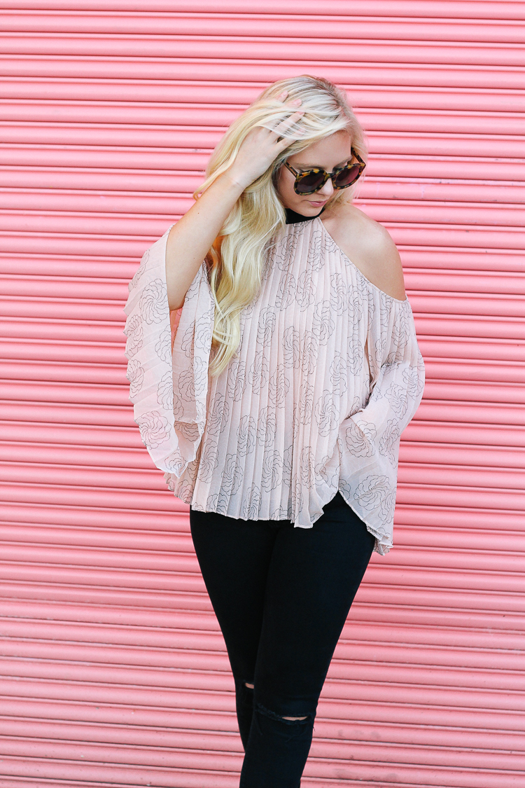 blush cold shoulder top with bell sleeves for spring