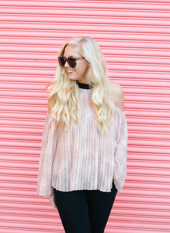 This blush colored, cold shoulder top is perfect for a casual Valentine's Day outfit