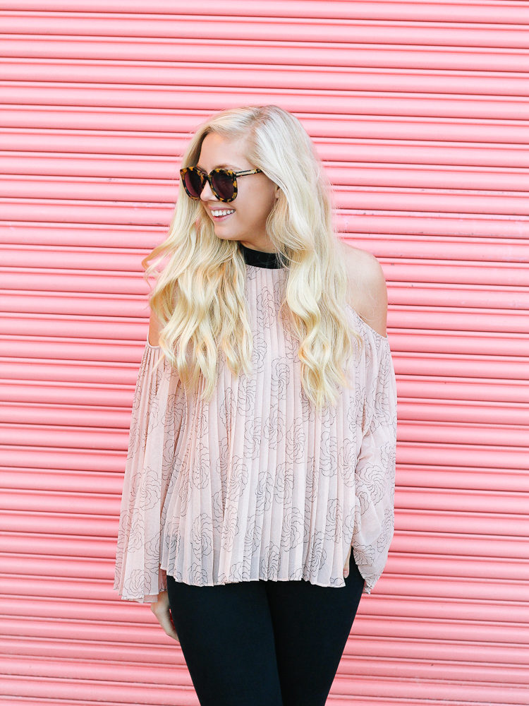 This blush colored, cold shoulder top is perfect for a casual Valentine's Day outfit