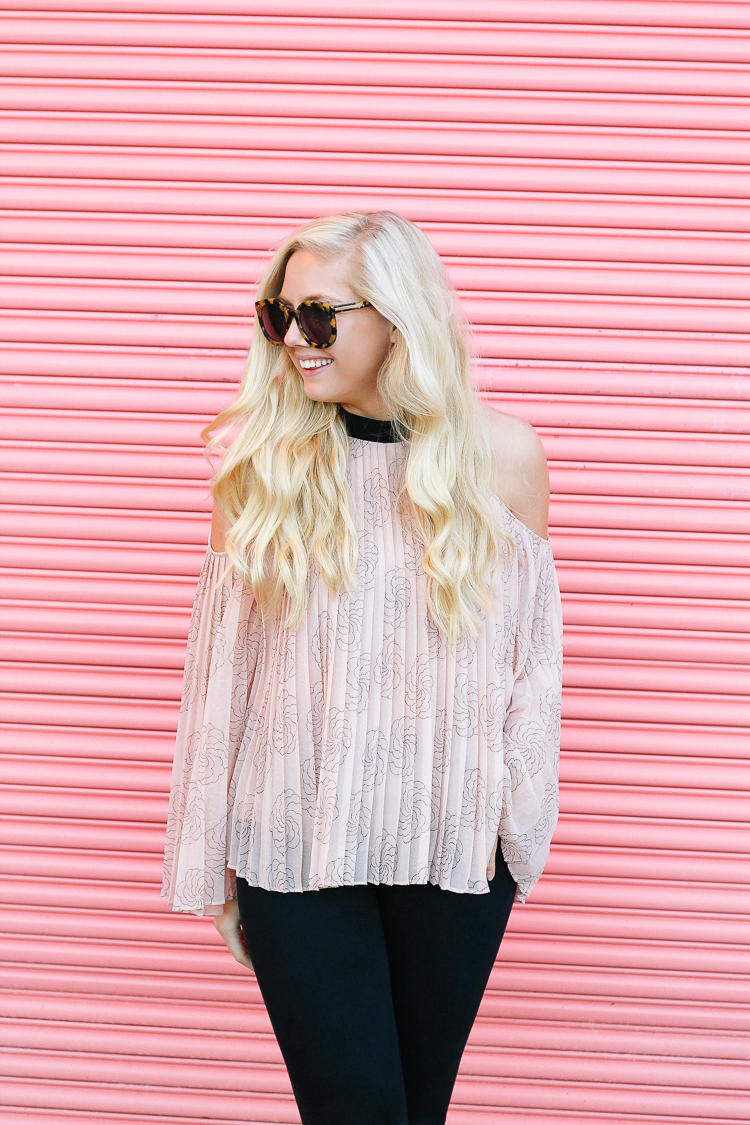 This blush colored, cold shoulder top is perfect for a casual Valentine's Day outfit