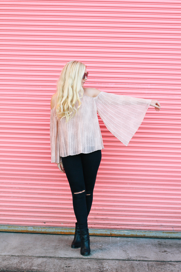 This blush colored, cold shoulder top is perfect for a casual Valentine's Day outfit