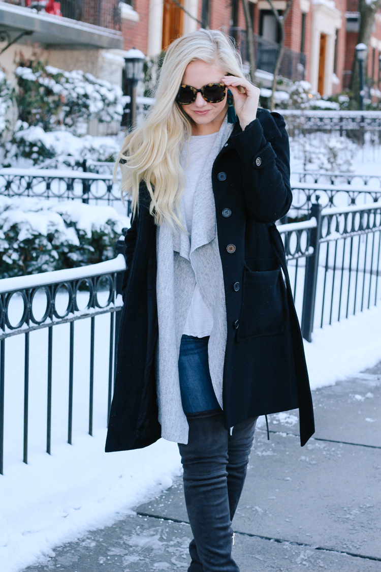 winter outfit | what to wear in the winter | winter coat and over the knee boots | neutral winter outfit | winter neutrals | what to wear in the cold | 