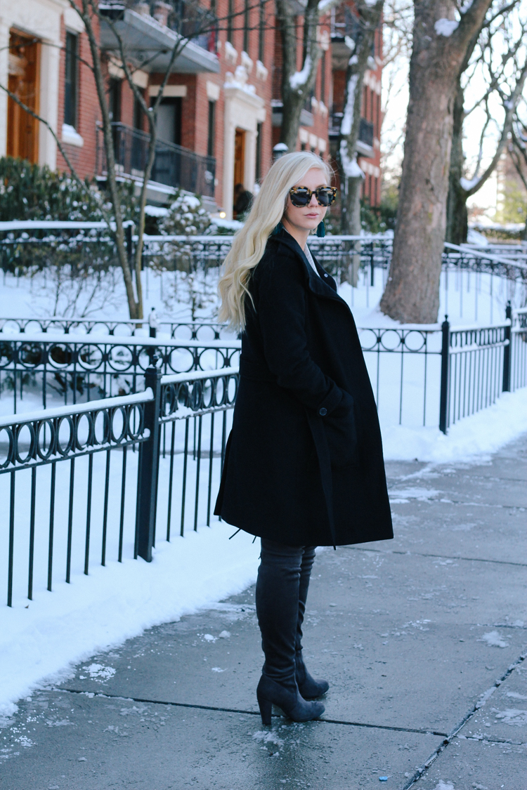 winter outfit | what to wear in the winter | winter coat and over the knee boots | neutral winter outfit | winter neutrals | what to wear in the cold | 