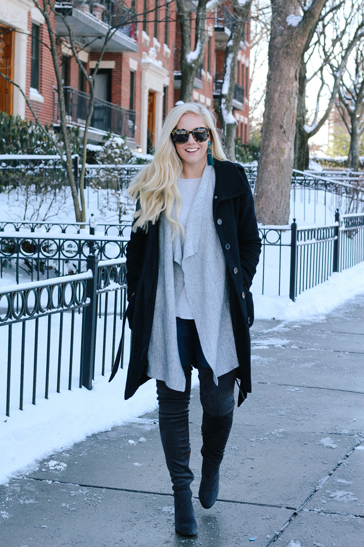 winter outfit | what to wear in the winter | winter coat and over the knee boots | neutral winter outfit | winter neutrals | what to wear in the cold | 