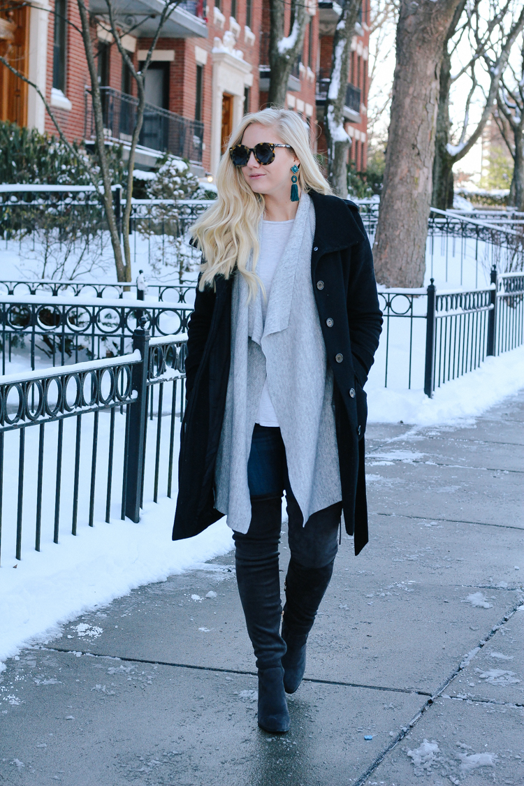 winter style with an oversized vest and over the knee boots | winter outfit | what to wear in the winter | winter coat and over the knee boots | neutral winter outfit | winter neutrals | what to wear in the cold | cold weather style | cold weather outfit | winter style | winter ootd |