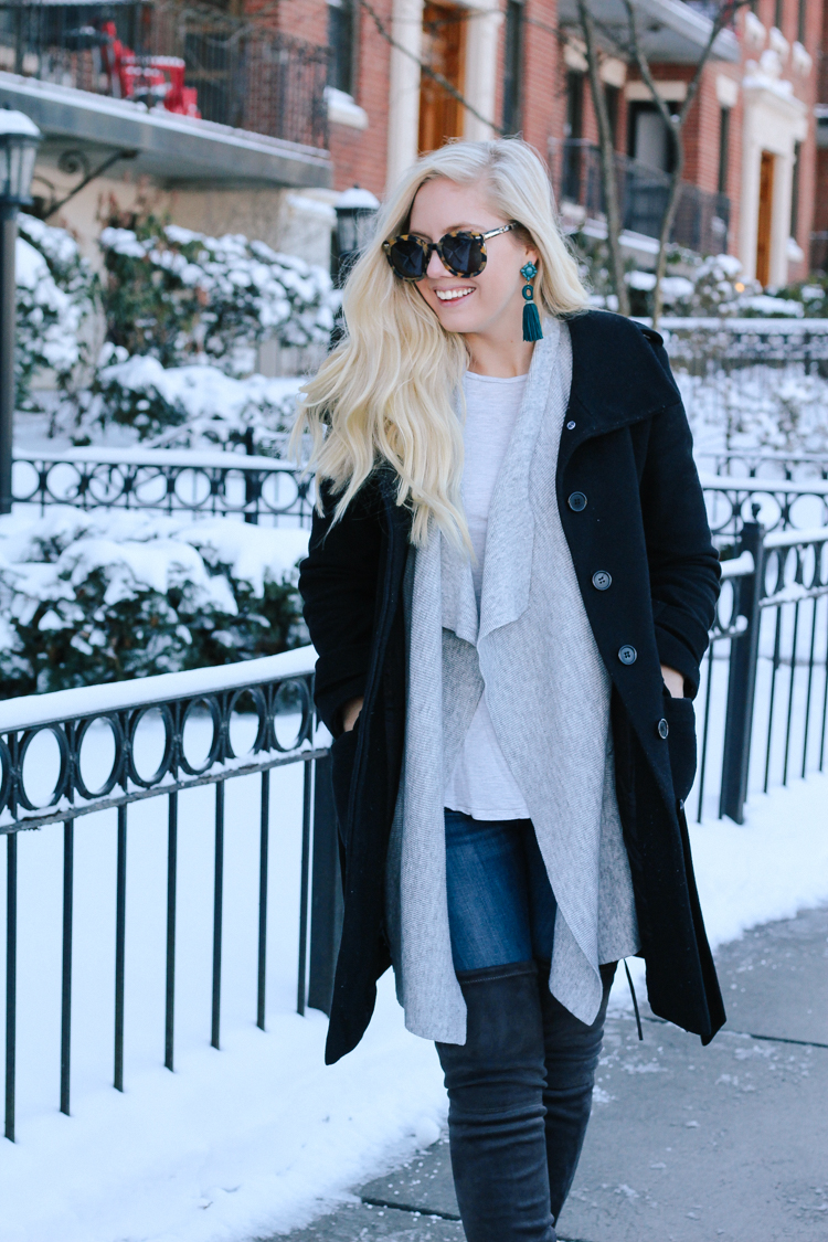 winter outfit | what to wear in the winter | winter coat and over the knee boots | neutral winter outfit | winter neutrals | what to wear in the cold | 