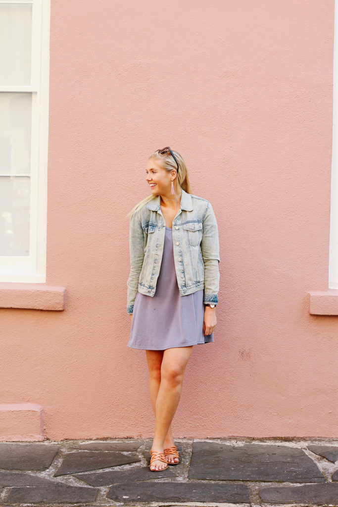 Jean Jacket and a cold shoulder t-shirt dress for a casual and comfy spring outfit