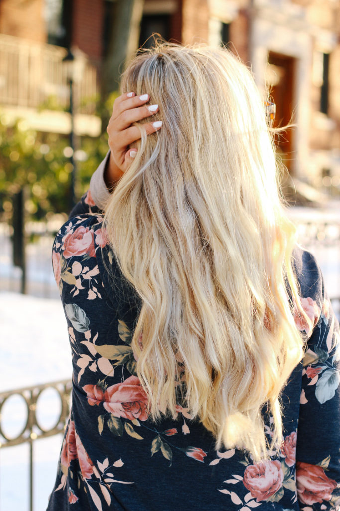 blonde hair and floral hoodie