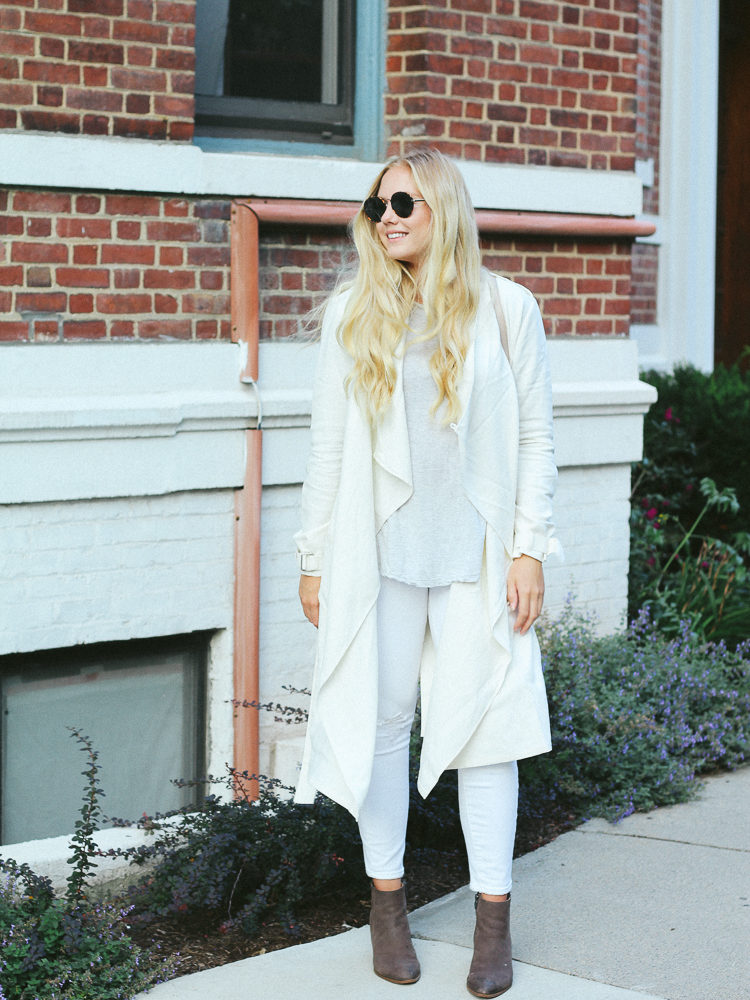 why you should wear white after labor day, white outfits, fall outfits, fall style, white after labor day, trench coat, white trench,