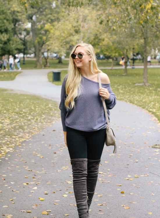 over the knee boots + off shoulder top, fall outfit at boston public garden