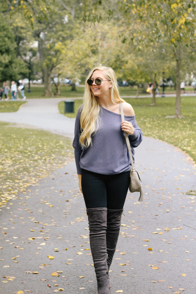 over the knee boots + off shoulder top, fall outfit at boston public garden