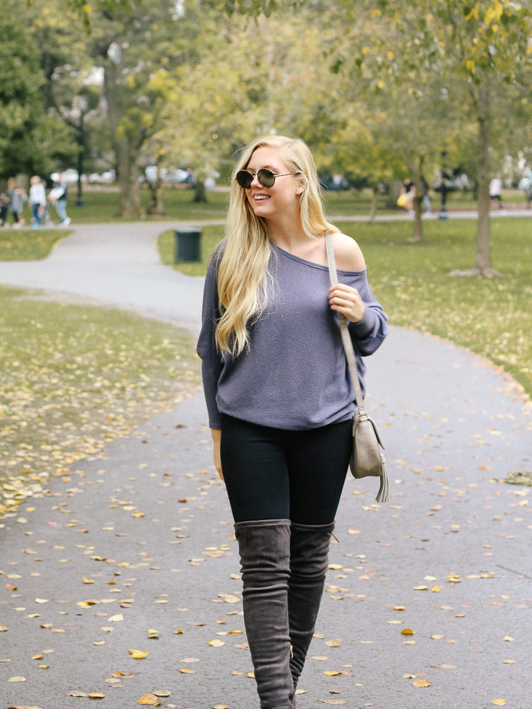 over the knee boots + off shoulder top, fall outfit at boston public garden