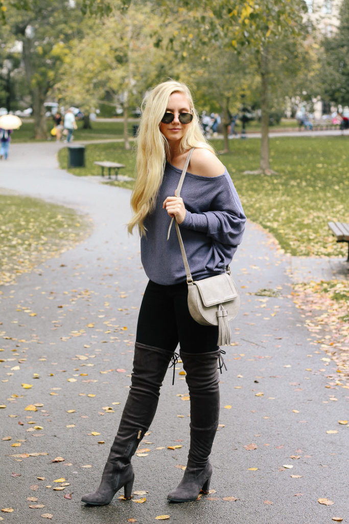 over the knee boots + off shoulder top, fall outfit at boston public garden