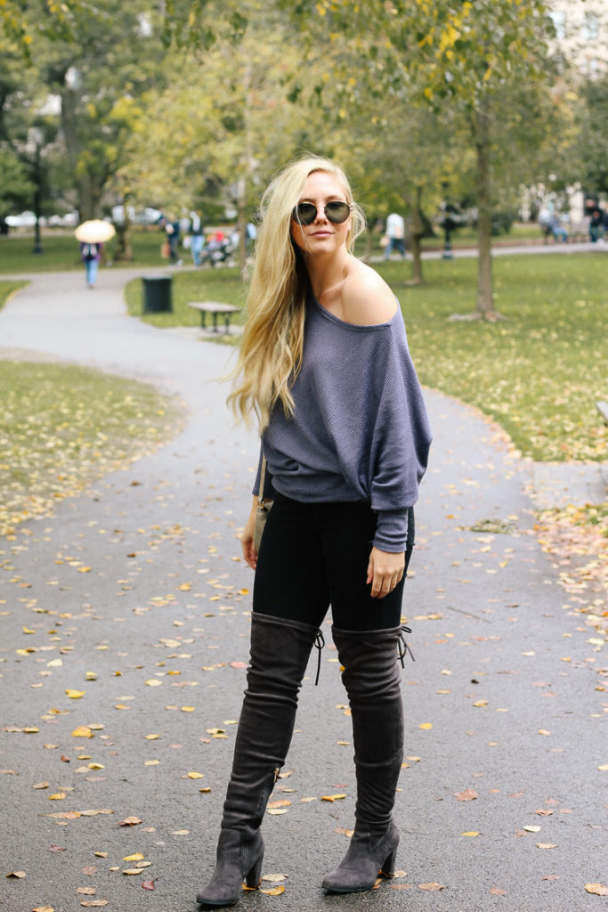 over the knee boots + off shoulder top, fall outfit at boston public garden