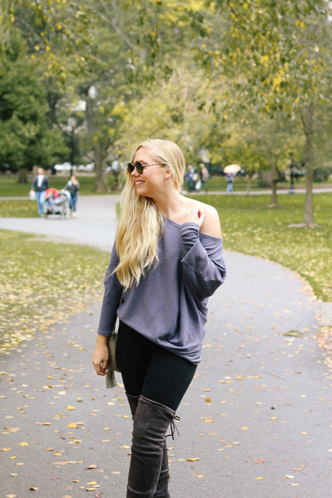 over the knee boots + off shoulder top, fall outfit at boston public garden