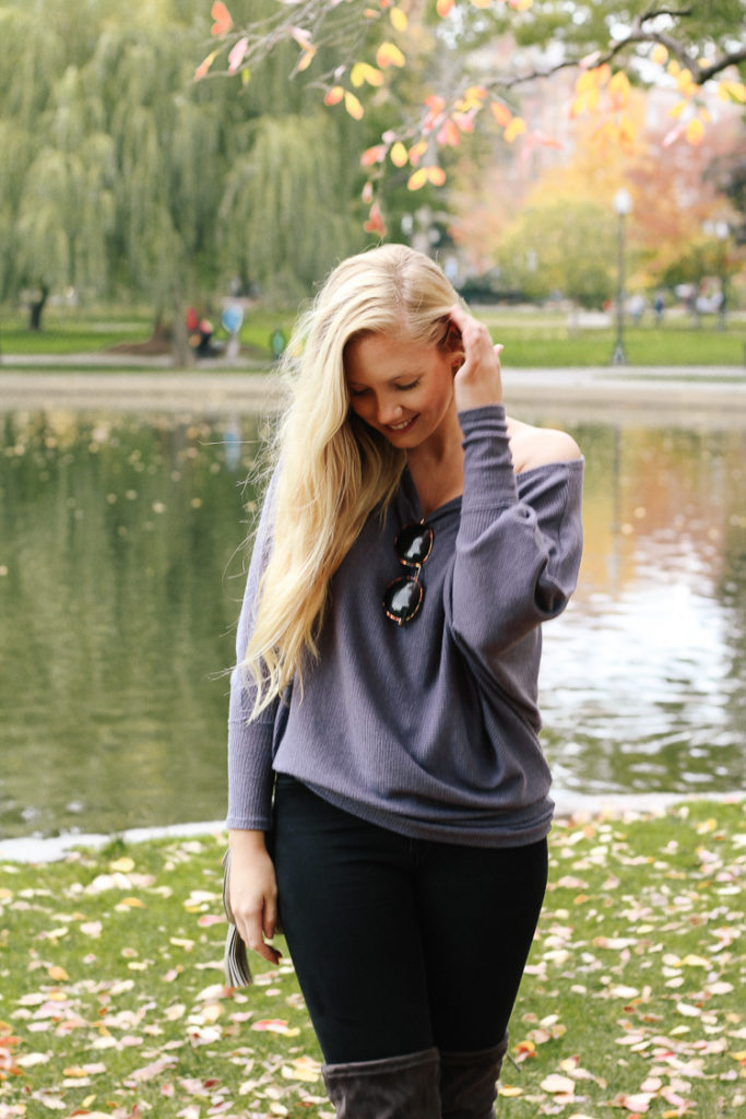 over the knee boots + off shoulder top, fall outfit at boston public garden