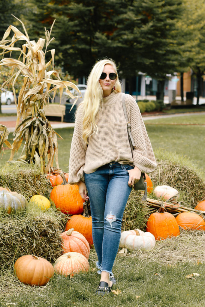 camel chunky knit sweater + fall outfit for brunch in Boston