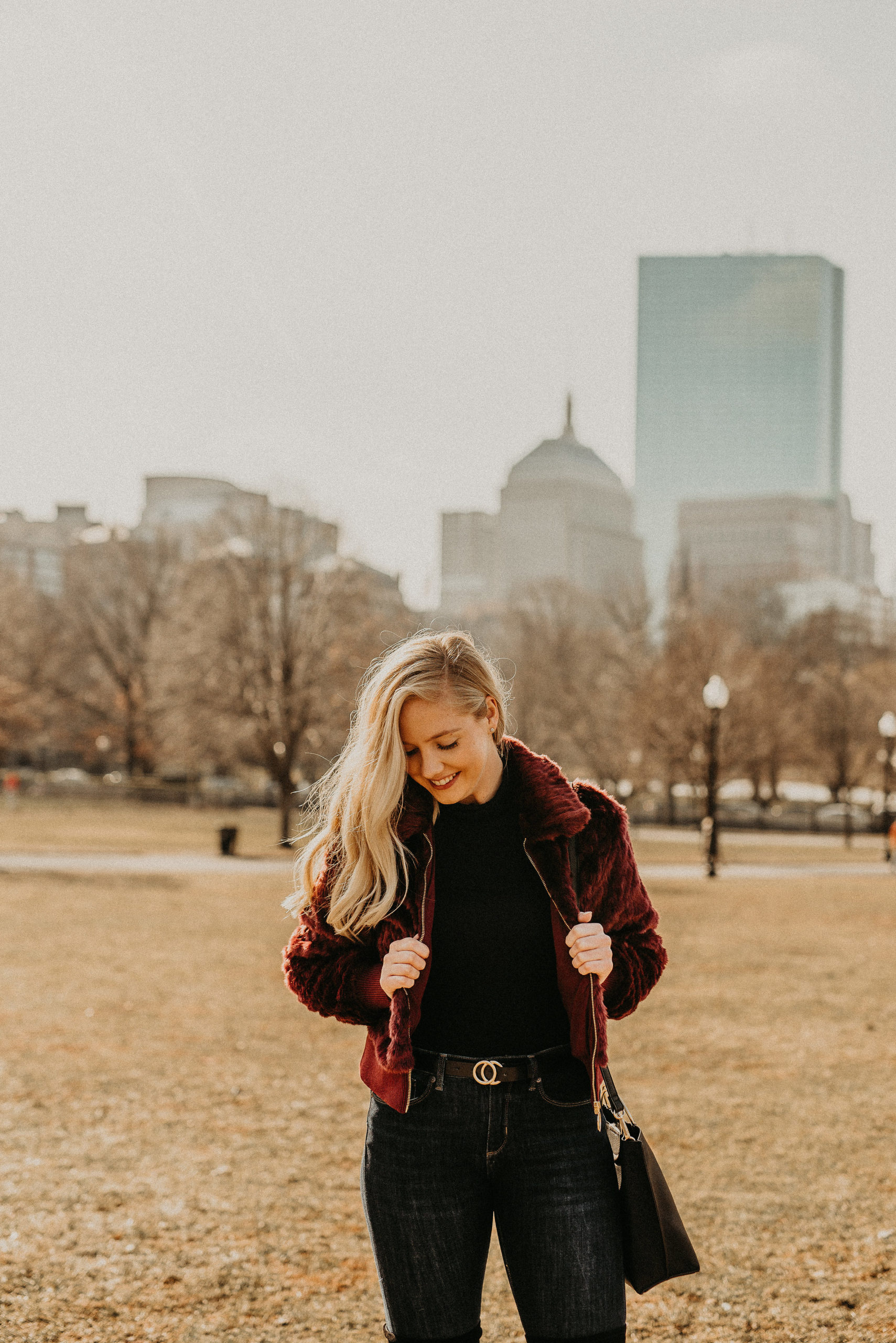 faux fur jacket for a winter outfit in Boston