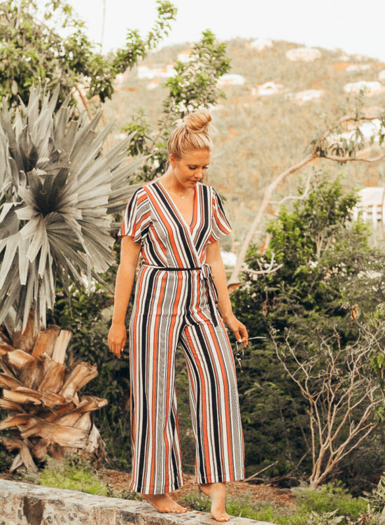 Striped jumpsuit vacation style on St. John, USVI