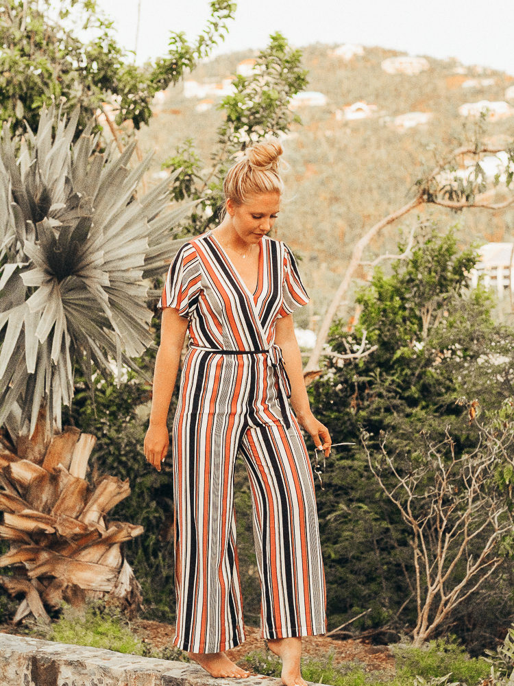 Striped jumpsuit vacation style on St. John, USVI