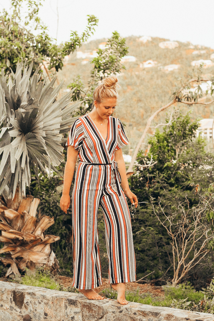 Striped jumpsuit vacation style on St. John, USVI