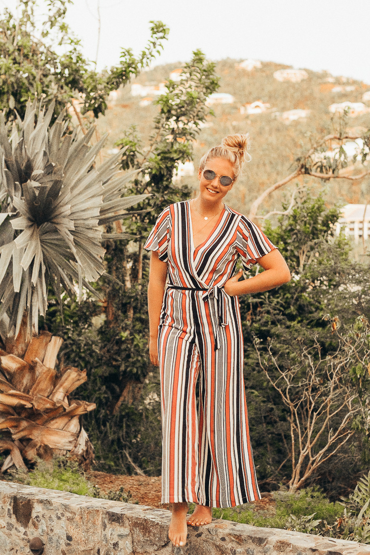 Striped jumpsuit vacation style on St. John, USVI