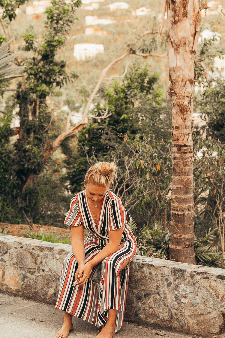 Striped jumpsuit vacation style on St. John, USVI