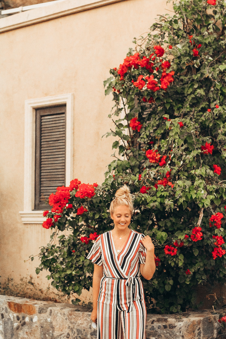 Striped jumpsuit vacation style on St. John, USVI