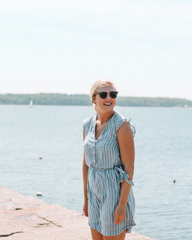 blue striped dress | rockland breakwater | rockland breakwater lighthouse | best dress for work and weekend | old navy blue striped dress | old navy dress | what to wear in maine | what to pack for maine | summer in maine | rockland maine |