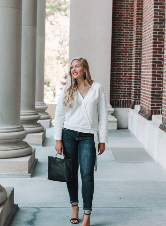 white wrap top | madewell white wrap top | madewell texture and thread wrap top | fall outfit | fall style inspiration | boston style blogger | what to wear in boston | Mackenzie Murphy Boston style Blogger | wrap top for fall |