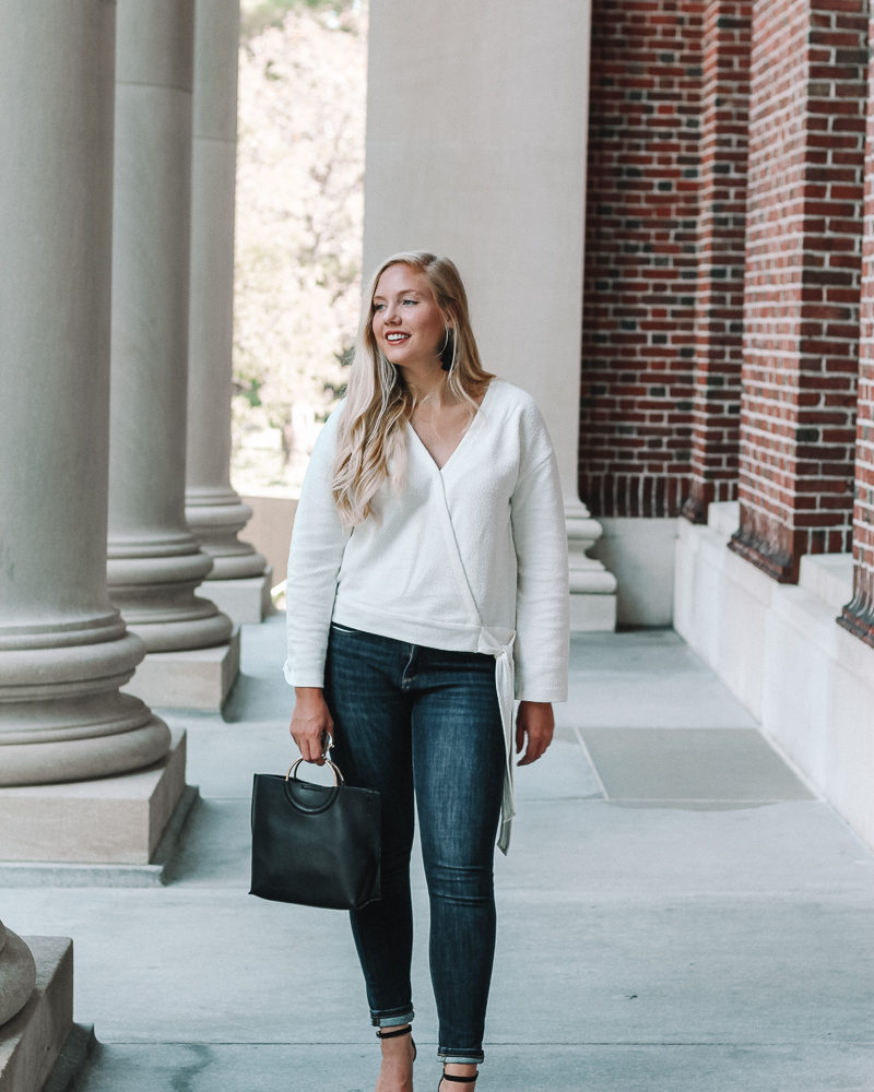 white wrap top | madewell white wrap top | madewell texture and thread wrap top | fall outfit | fall style inspiration | boston style blogger | what to wear in boston | Mackenzie Murphy Boston style Blogger | wrap top for fall |