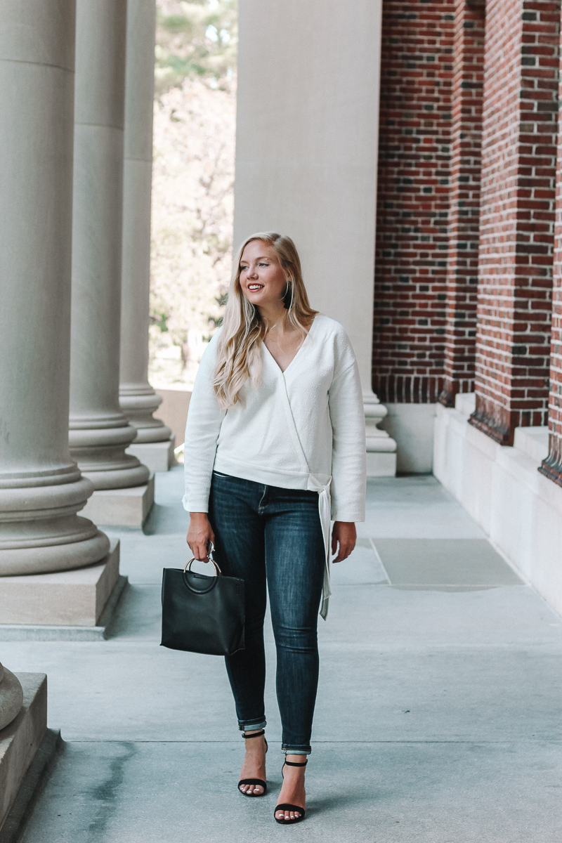 white wrap top | madewell white wrap top | madewell texture and thread wrap top | fall outfit | fall style inspiration | boston style blogger | what to wear in boston | Mackenzie Murphy Boston style Blogger | wrap top for fall | 