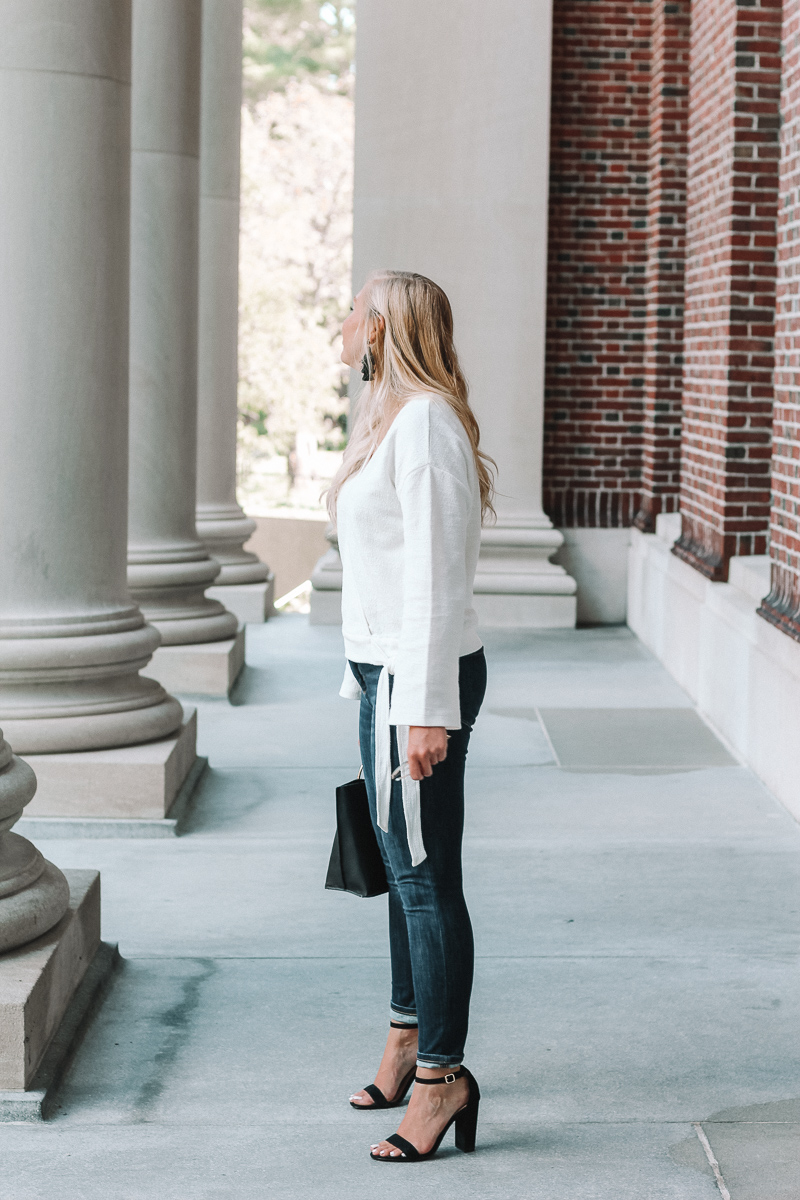 white wrap top | madewell white wrap top | madewell texture and thread wrap top | fall outfit | fall style inspiration | boston style blogger | what to wear in boston | Mackenzie Murphy Boston style Blogger | wrap top for fall |