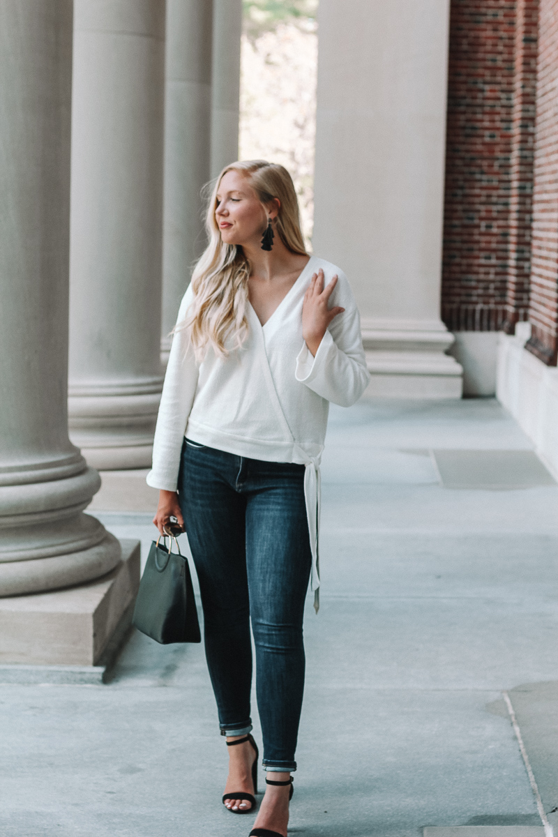 white wrap top | madewell white wrap top | madewell texture and thread wrap top | fall outfit | fall style inspiration | boston style blogger | what to wear in boston | Mackenzie Murphy Boston style Blogger | wrap top for fall |