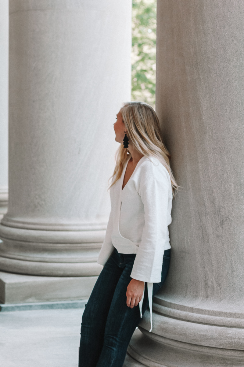 white wrap top | madewell white wrap top | madewell texture and thread wrap top | fall outfit | fall style inspiration | boston style blogger | what to wear in boston | Mackenzie Murphy Boston style Blogger | wrap top for fall |