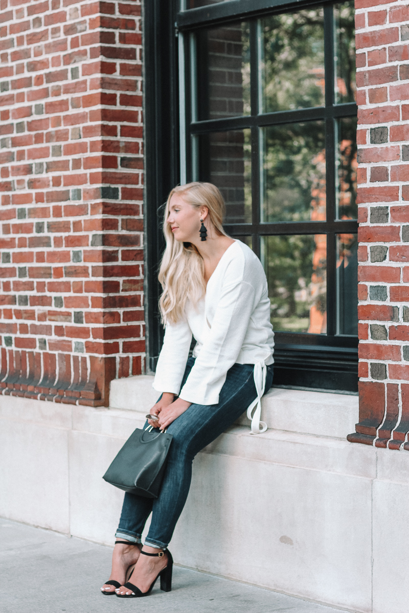 white wrap top | madewell white wrap top | madewell texture and thread wrap top | fall outfit | fall style inspiration | boston style blogger | what to wear in boston | Mackenzie Murphy Boston style Blogger | wrap top for fall |