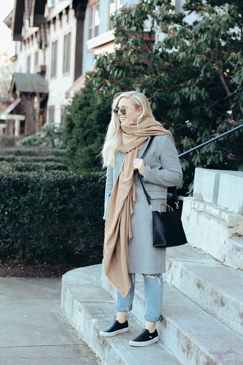 Winter outfit inspiration: camel and gray neutrals | what to wear in the winter | gray coat and camel blanket scarf | winter neutrals |