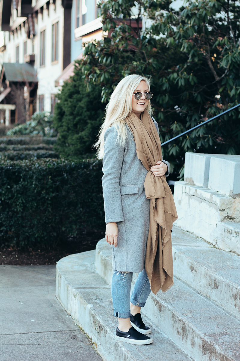 Winter outfit inspiration: camel and gray neutrals | what to wear in the winter | gray coat and camel blanket scarf | winter neutrals |