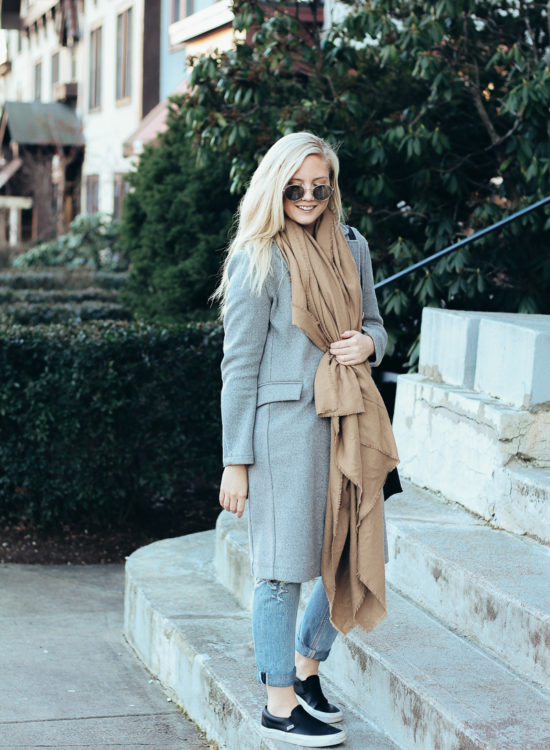 Winter outfit inspiration: camel and gray neutrals | what to wear in the winter | gray coat and camel blanket scarf | winter neutrals |