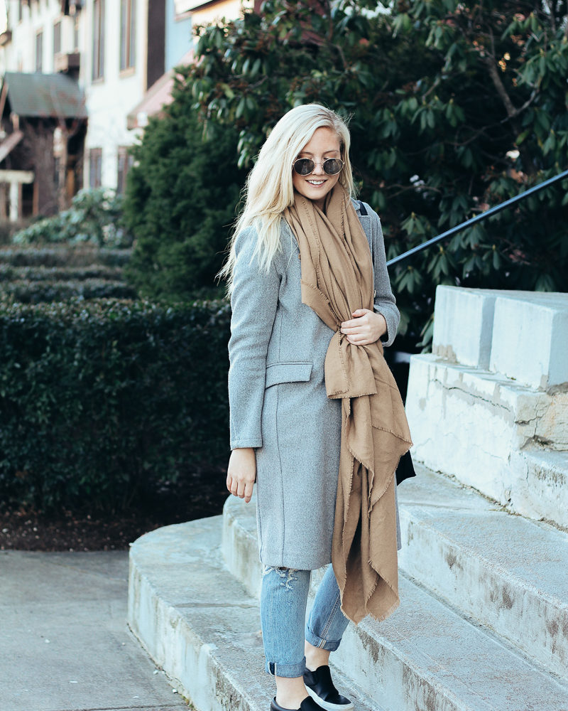 Winter outfit inspiration: camel and gray neutrals | what to wear in the winter | gray coat and camel blanket scarf | winter neutrals |