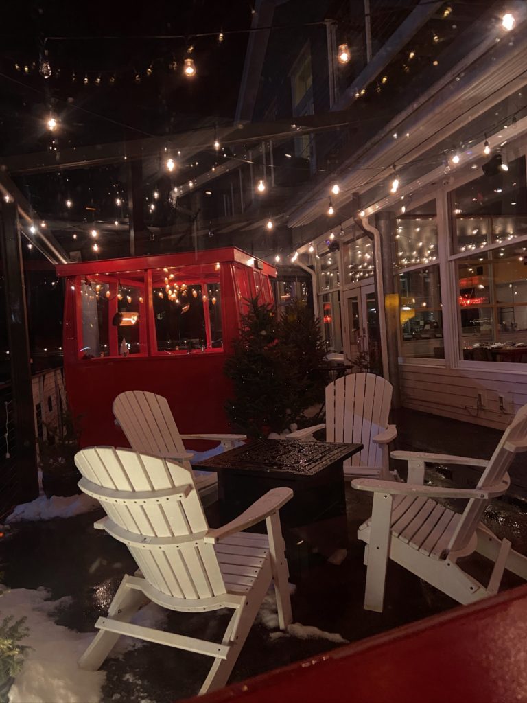 dine in a ski gondola at The Boathouse Restaurant in Kennebunkport, Maine | winter things to do in maine | ski gondola dining the boathouse | dine in a gondola in maine | winter fun in new england |