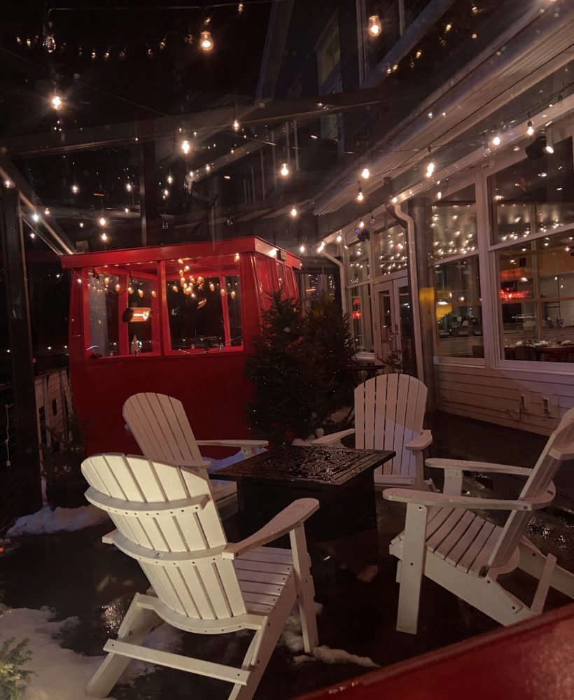 dine in a ski gondola at The Boathouse Restaurant in Kennebunkport, Maine | winter things to do in maine | ski gondola dining the boathouse | dine in a gondola in maine | winter fun in new england |